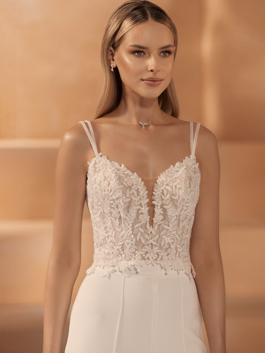 Top de mariée en dentelle florale double bretelles fines